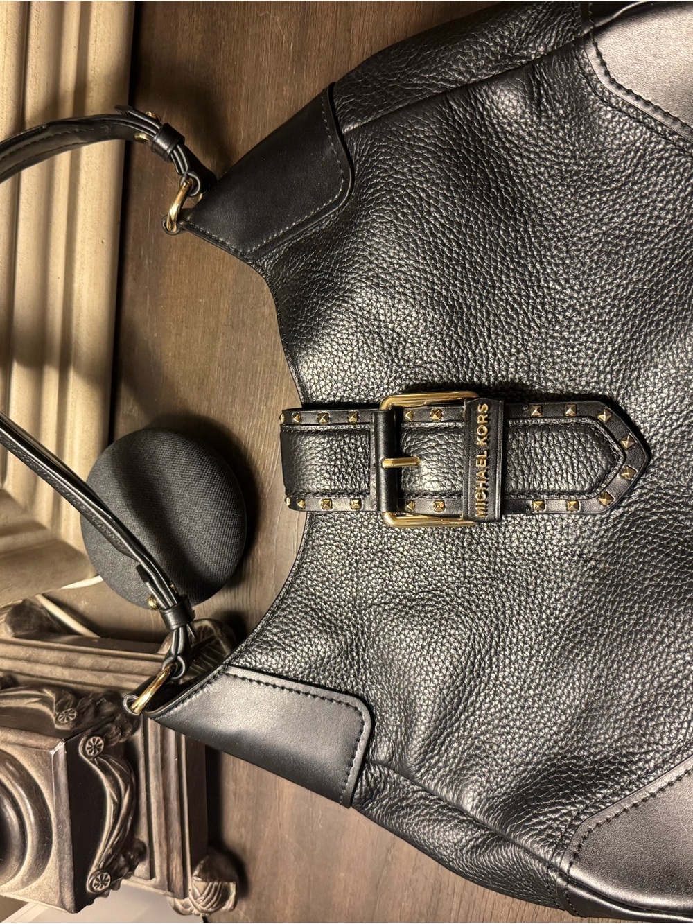 Michael Kors Black Pebbled Leather Shoulder Hobo with Gold Buckle Detail